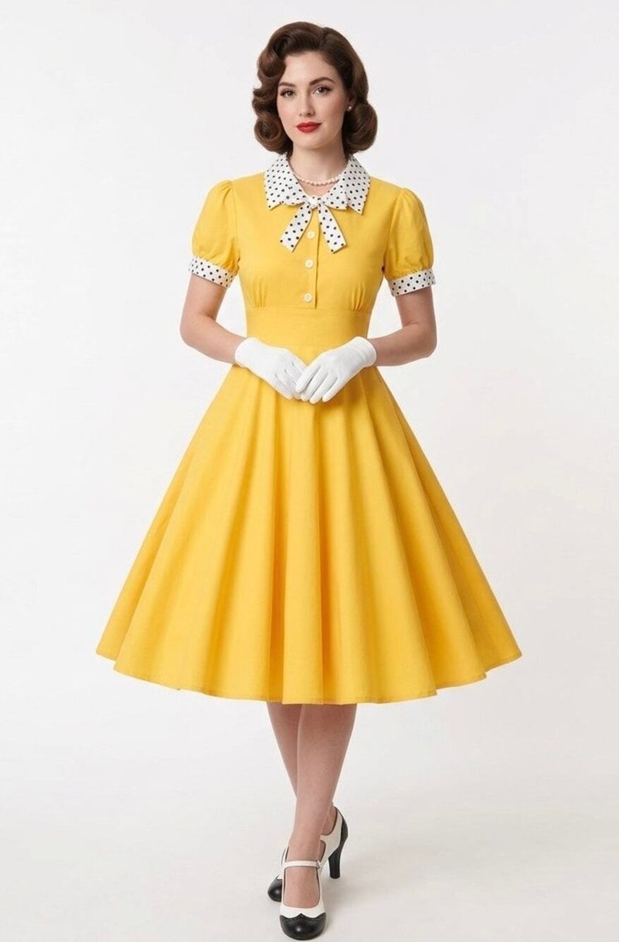 Short Peter Pan Puff Sleeve 1950s Retro Vintage Cocktail Swing Dress - Small -